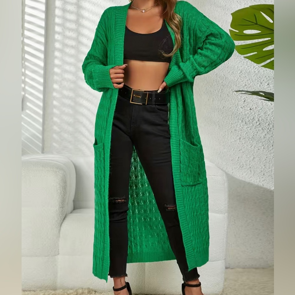 Women’s Medium Emerald Green Cable-Knit Maxi Cardigan Open-Front Sweater - Picture 4 of 11